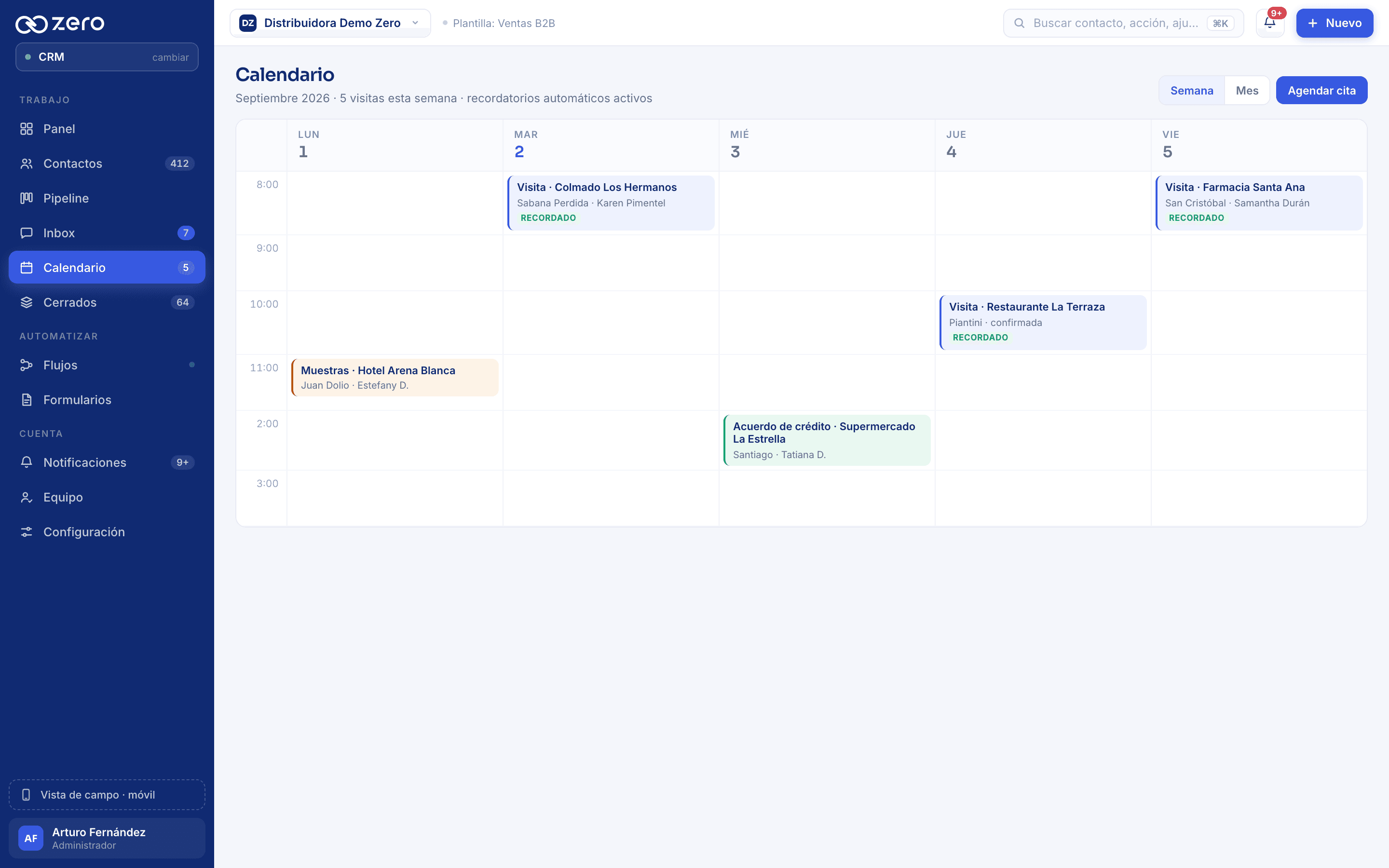Calendario de Zero CRM con las citas de la semana